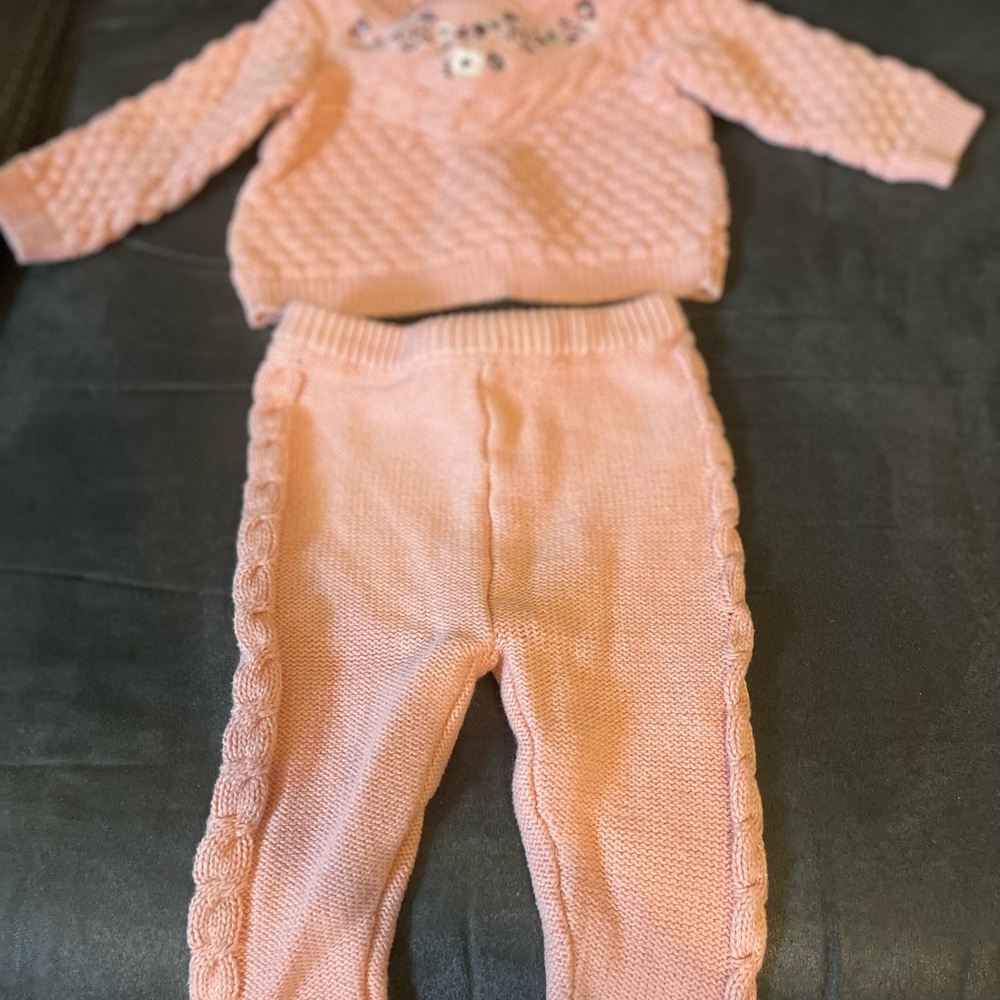 Pink Knit Baby Sweater and Pants Set